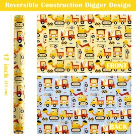 WRAPAHOLIC Reversible Construction Wrapping Paper - Mini Roll - 17 Inch x 33 Feet - Yellow and Blue Digger Tractor Truck Wrapping Paper for Kids Boys Birthday, Baby Shower