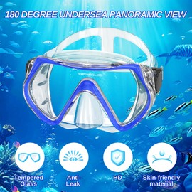 Adult Snorkel Set -Dry Snorkel Kit, Anti-Leak Diving Mask and Dry Snorkel,180° Panoramic View Scuba Mask with Tempered Glass Lens for Diving, Snorkeling, Swimming (Blue)