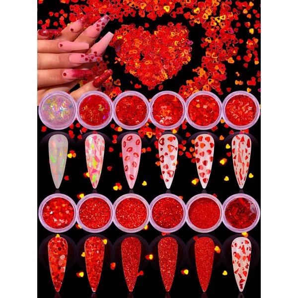 Warmfits - Purpurinas holográficas de uñas rojas con forma de corazón y labio, purpurina acrílica, lentejuelas, diseños de San Valentín, tamaños mixtos para manualidades, manicura, pintura, cabello, 12 cajas
