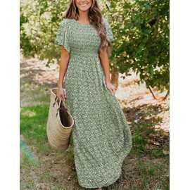 Kranda Summer Dresses for Women 2025 Round Neck Flutter Short Sleeve Tiered Ruffle Smocked Floral Maxi Boho Dress Olive Green L