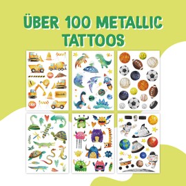 100 metallic tattoos for sticking, skin-friendly children's tattoos, digger and dinosaurs, cool designs, as a birthday gift or gift idea, vegan, made and tested in Germany