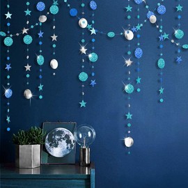 Decor365 Ice Blue Silver Party Decoration Circle Dot Garland Navy Blue Twinkle Little Star Hanging Bunting Banner Steamer Backdrop Baby Shower Christmas Birthday Prom Graduation Wedding Moon Frozen