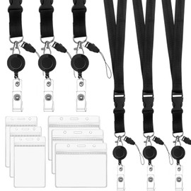 3 Pack Retractable Badge Lanyards and ID Badge Holder, Cruise Lanyard with Detachable Buckle & Vertical/Horizontal Waterproof Clear ID Hoder for Keys, Cards, Offices, Staff, Employees (Black - 3pcs)