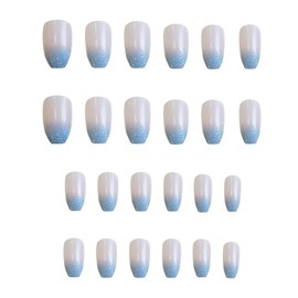Vokupoga Coffin Press on Nails Medium Fake Nails Blue Ombre False Nails with Designs Blue Glitter Nail Press ons Glossy Glue on Nails Acrylic Artificial Nails Summer Stick on Nails for Women 24Pcs