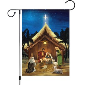 Louise Maelys Welcome Garden Flag Christmas Birth of Jesus Flags 12x18 Inch Double Sided Burlap Christmas Holiday Winter Seasonal Vertical Yard Flags for Lawn House Christmas Garden Outside Decorations(ONLY FLAG)