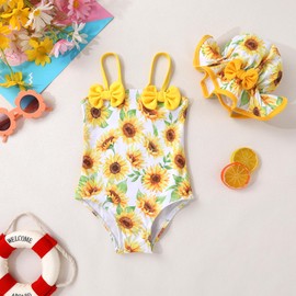 YOUNGER TREE Toddler Baby Girl Swimsuit Infant One Piece Bathing Suits with Hat Newborn Summer Beach Swimwear(0-3 Months,Sunflower)