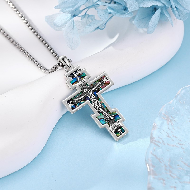 ONEFINITY Orthodox Cross Necklace 925 Sterling Silver Crucifix Abalone Shell
