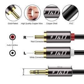 J&D RCA Audio Cable, 3.5mm Male to 2 RCA Phono Male Stereo Audio Adapter Aux Cable Gold-Plated Copper Shell Heavy Duty, 1.8 Meter
