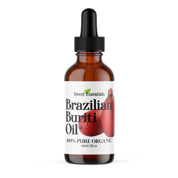 Sweet Essentials 100% Organic Buriti (Aguaje) Fruit Oil | Imported From Brazil | 2oz Glass Bottle With Glass Dropper | 100% Pure | Cold-Pressed | Natural Moisturizer for Skin, Hair and Face