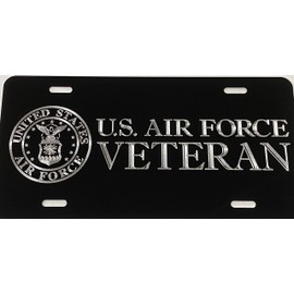 Bold Engraved US Air Force Veteran Aluminum Metal Black Diamond Etched License Plate Gift