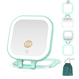 Mocado Compact Travel Makeup Mirror, 1X/30X Magnifying Mirror with Light, Double Sides Compact Mirror with 3 Color Light, Dimmable Handheld Mirror, Rechargeable Travel Mirror for Purse,Pocket(Green)