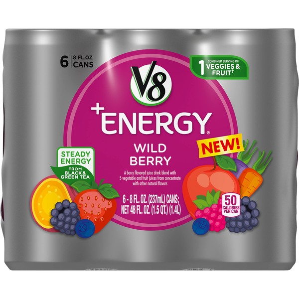V8 +Energy, Healthy Energy Drink, Steady Energy from Black and Green Tea, Wild Berry, 8 Ounce Can, 6 Count