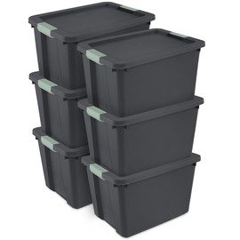 Sterilite 6 Pack 20 Gallon Latch Tote, Stackable Plastic Storage Bin Container, Gray/Green
