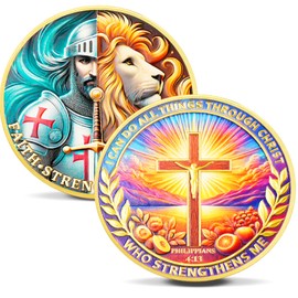 IELCJJ Knight & Lion Challenge Coin -Christian Challenge Coin - Knight Strength Courage Coin - Knight Faith Coin - Philippians 4:13 Religious Red Cross Token Good Luck Inspirational Gifts (E)