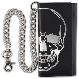 F&L CLASSIC RFID Blocking Mens Tri-fold Long Style Leather Steel Chain Wallet,black skull,212-50