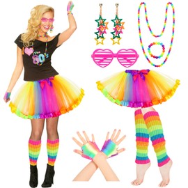 Hifot 80s Outfit Women's Accessories, Costume 80s Retro Neon Tutu Glasses Net Gloves Earring Necklace Bracelet for 80s 90s Party Fancy Dress Costumes