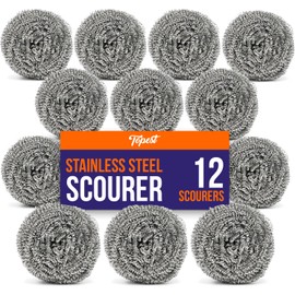 Topest Stainless Steel Scourer |12 Pack | Dish Washing Up Pot Scrubber | Heavy Duty Sponge Spiral Scourer Scrubbing Pad | Household Cleaning Tools Accessories