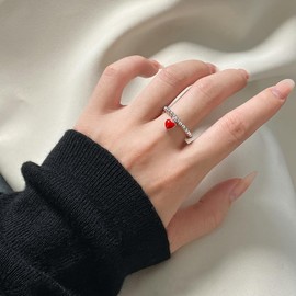 Red Love Heart Ring for Women S925 Sterling Silver Round Beaded Wrap Adjustable Band Rings Hearts Dangle Charm Elastic Ring Sweet Wedding Valentine's Day Jewelry