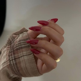 48Pcs Wine Red Press on Nails Almond Fake Nails Glue on Nails Medium Length Almond Shaped Nails Press ons, Stiletto False Nails for Women, Red Medium Almond Nails, Thick Natural Acrylic Gel Nails