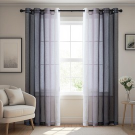 BellaHills Set of 2 Linen Curtains with Eyelets, Semi-Transparent Curtain, Thermal Curtain, Colour Gradient Curtains for Bedroom and Living Room, 137 cm x 117 cm (H x W), Black