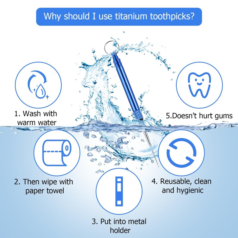 Metal Toothpicks, Pack of 5 Titanium Toothpicks, Reusable, Portable Toothpicks
