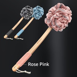Toem® Loofah Back Scrubber for Shower | Bamboo Charcoal Fiber Infused | Loufas for Men & Women | Includes 1 Long Handled Shower Sponge, 1 Bath & Shower Luffa Pouf & 1 Hook to Hang Stuff (Rose Pink)