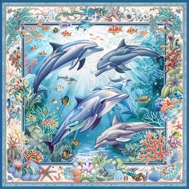 Generic Ocean Landscape of Dolphins Fish DIY 11CT Stamped Cross Stitch Kits for Beginners Easy Needlepoint Embroidery Counted Cross Stitch Art Craft for Wall Decoration 14x14inch(2)