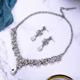 BriLove Wedding Bridal Jewelry Set for Women Rhinestone Crystal Teardrop Cluster Statement Necklace Dangle Earrings Clear Silver-Tone