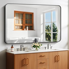 CIVENO 55"x36" Bathroom Mirror, Large Rectangular Wall Mirror, Black Rectangle Mirror, Metal Frame Mirrors for Bathroom, Rounded Corner Vanity Mirror for Bedroom Living Room Horizontal Or Vertical