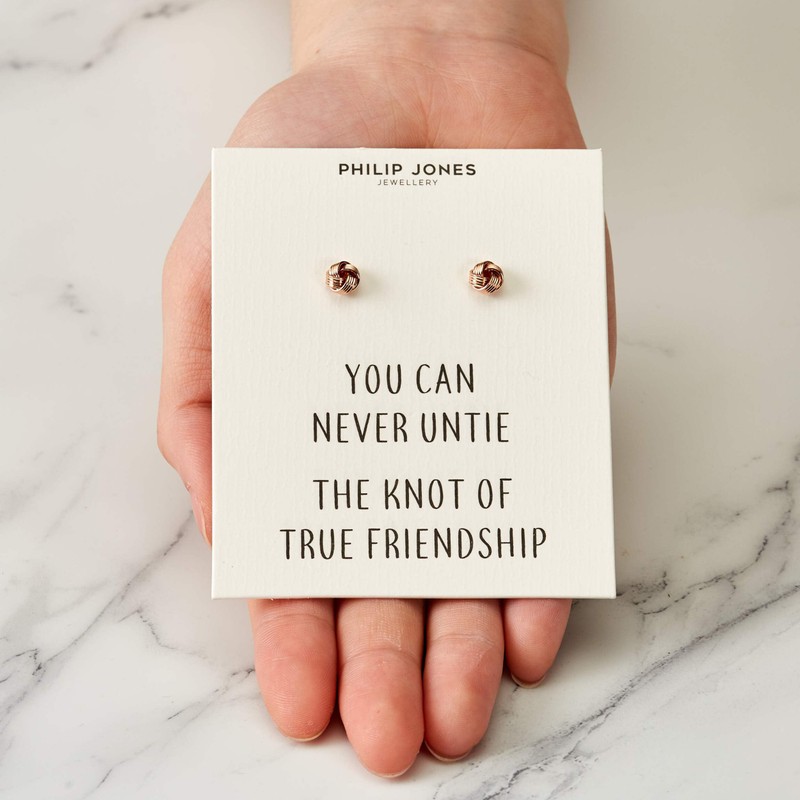 Philip Jones Rose Gold Plated Love Knot Earrings with Quote