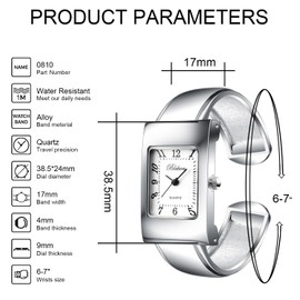 Silver Tone Rectangle Case Easy to Read Small Size Women's Bangle Cuff Watch