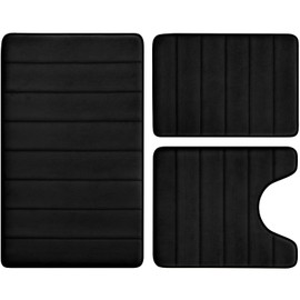 BYSURE BYSURE Black Memory Foam Bathroom Rug Set 3 Piece, Non Slip Extra Soft Absorbent Washable & Dry Toilet Bath Mat Sets