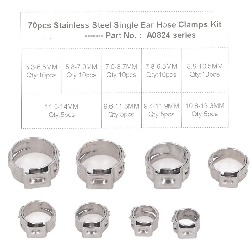 70Pcs Single Ear Hose Clamp Kit Stainless Steel Stepless 9
