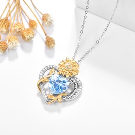 AENEAS You Are My Sunshine Necklace Sunflower March Birthstone Necklaces Sterling Silver Heart Aqumarine Pendant Jewelry Women Gift for Birthday Mothers Day Christmas Anniversary, 20 inches, Sterling