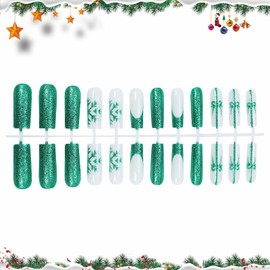 MISUD Christmas Press on Nails Long Square Fake Nails Glossy Glue on Nails Snowflake Acrylic Nails Squoval Artificial Nails Gift Bow Stick on False Nails with Design 24 pcs