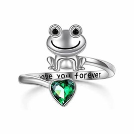 Crystal Frog Ring Rhinestone Heart Knuckle Ring Love You Forever Finger joint Ring Adjustable Animal Jewelry for Women Girls (Green)