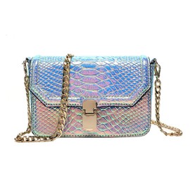 Holographic Snakeskin Crossbody Bag Shoulder Bag Women's Hologram Leather Purse (L Purple)