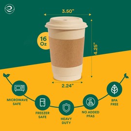 ECO SOUL 100% Compostable Coffee Cups With Lids & Sleeves - To Go Coffee Disposable Bagasse Cups |Sturdy & Eco-Friendly Cups for Cafes, Party, Office (50, 16 Oz)