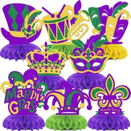 KEWUFD 8PCS Happy Mardi Gras Honeycomb Centerpieces Mardi Gras Decorations Happy Mardi Gras Centerpieces for Tables