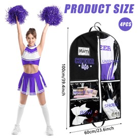 Blushtier 4 Pcs Cheer Garment Bags for Cheerleading Uniform Waterproof Hanging Garment Bags for Dance Costumes 40 Inch with 5 Pockets and Side Zip Travel Storage Cheer Uniform(Black and Purple)