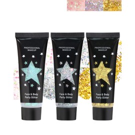 3 Pcs Body Glitter Gel, Face & Hair Glitter Gel, Sequins Shimmer Liquid Eyeshadow, Chunky Laser Flash Powder Cosmetic, Singer Concerts Festival Rave Accessories, Mermaid Glitter Face Paint-03+05+07