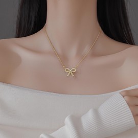 SLUYNZ 925 Sterling Silver Bow Choker Necklace for Women Teens Sparkling CZ Bowknot Pendant Necklace (B-Gold)