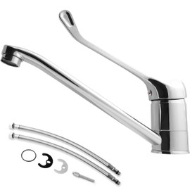 Stainless Steel Brass Long Handle Horizontal Sink Mixer Tap - Unique Design Hot/Cold Water Adjustment - Includes 2 Sets of Water Pipes, Screws and Gaskets