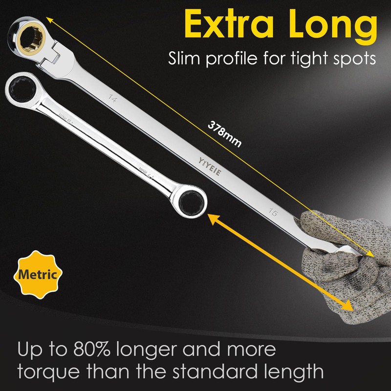 YIYEIE 14 * 15 mm Extra Long Flex-Head Ratcheting Wrench,