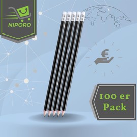NIPORO Pencils HB Pack of 100 White Wooden Pencils with Eraser, Pencil, Pre-Sharpened, 19 cm Length, Economy Pack, Sustainable, (Black)