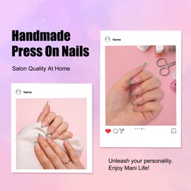 Rexmore Handmade Press On Nails, Medium Long Almond Handcrafted 10 Pcs Unique Reusable Acrylic False Nails Kit for Women Girls, Nail Tip French Salon Design