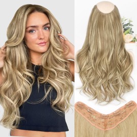 ALXNAN Long Wavy Hair Extensions for Women, Clip in Hair Extensions Clip Ins Soft Full Head Synthetic Hairpieces 20 Inch Golden Blonde Highlights Light Blonde