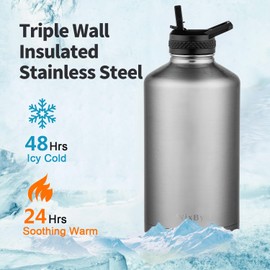 WixByti One Gallon Water Bottle Insulated, Triple Wall Vacuum Cold for 48 Hrs & Leak-proof & Non-BPA, 128oz Large Sports Stainless Steel Water Jug with Paracord Handle Straw Spout Lids & DIY Stickers