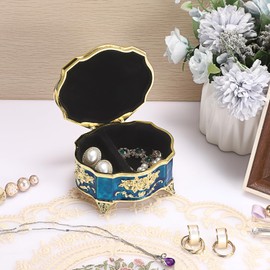 SUMNACON Metal Music Box Musical Jewelry Holder Keepsake Case, Blue Gold Vintage Musical Box Organizer Polygon Shape Rose Embossed Decorative Organizer for Birthday Wedding (Tune:You Are My Sunshine)
