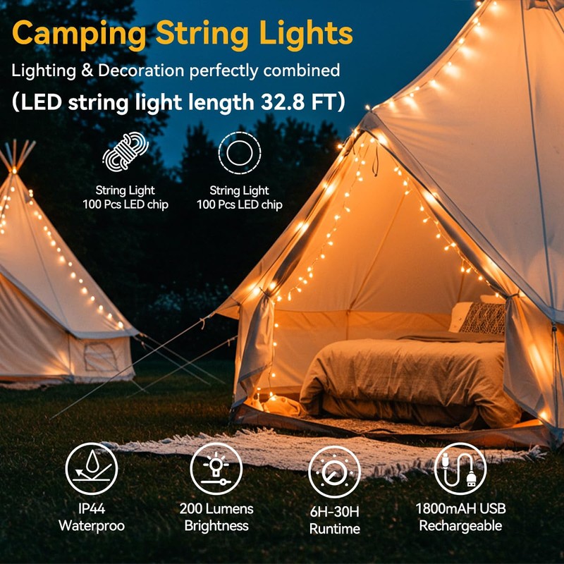 LEDLAY 33FT Camping String Lights, Rechargeable String Lights with 8